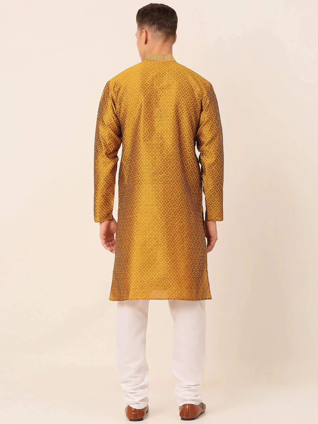 Jompers Men's Silk Blend Collar Embroidered Kurta Pyjama Set - Mustard - Distacart