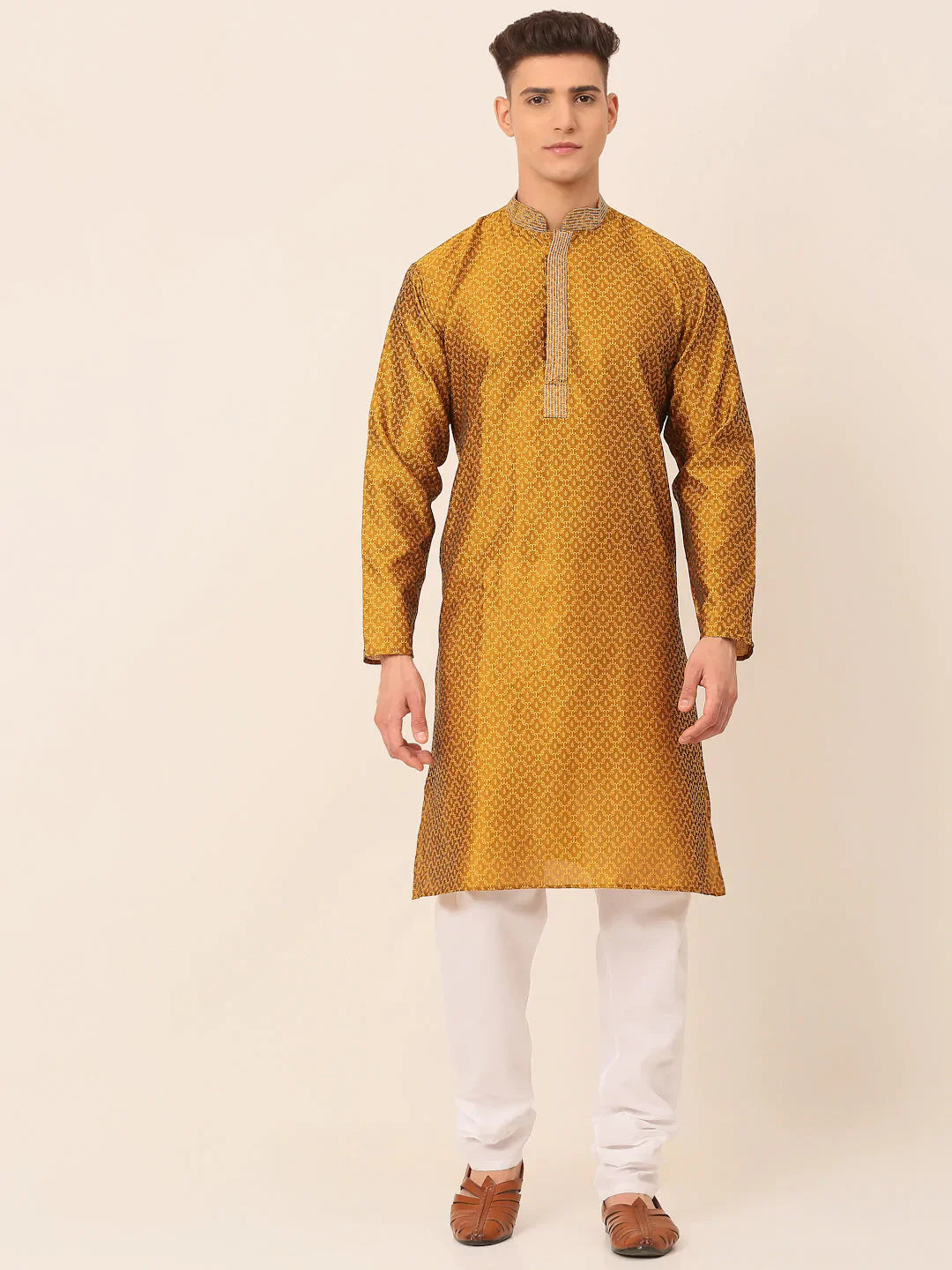 Jompers Men's Silk Blend Collar Embroidered Kurta Pyjama Set - Mustard - Distacart