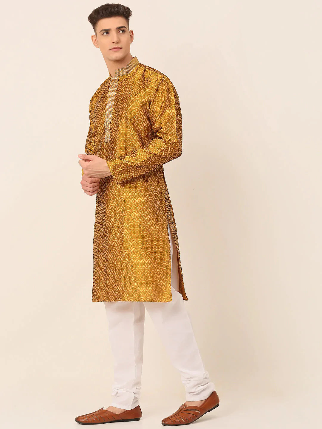 Jompers Men's Silk Blend Collar Embroidered Kurta Pyjama Set - Mustard - Distacart