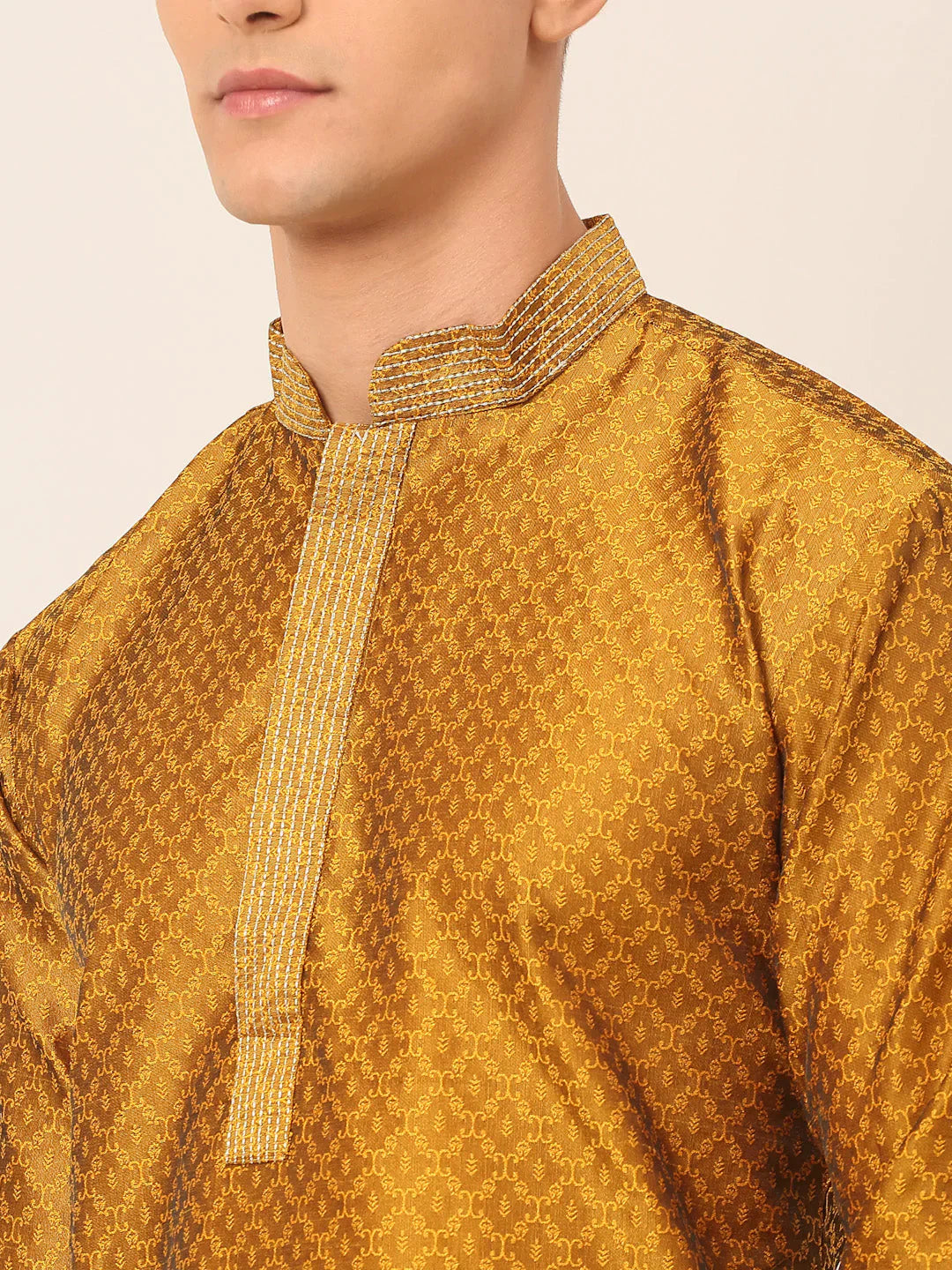 Jompers Men's Silk Blend Collar Embroidered Kurta Pyjama Set - Mustard - Distacart