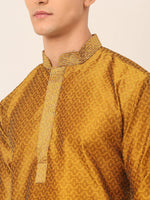 Thumbnail for Jompers Men's Silk Blend Collar Embroidered Kurta Pyjama Set - Mustard - Distacart