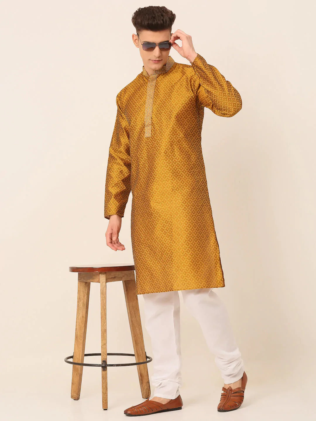 Jompers Men's Silk Blend Collar Embroidered Kurta Pyjama Set - Mustard - Distacart