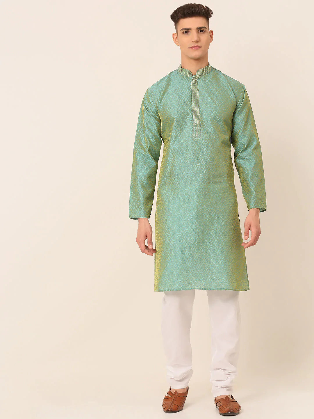 Jompers Men's Silk Blend Collar Embroidered Kurta Pyjama Set - Sea-Green - Distacart