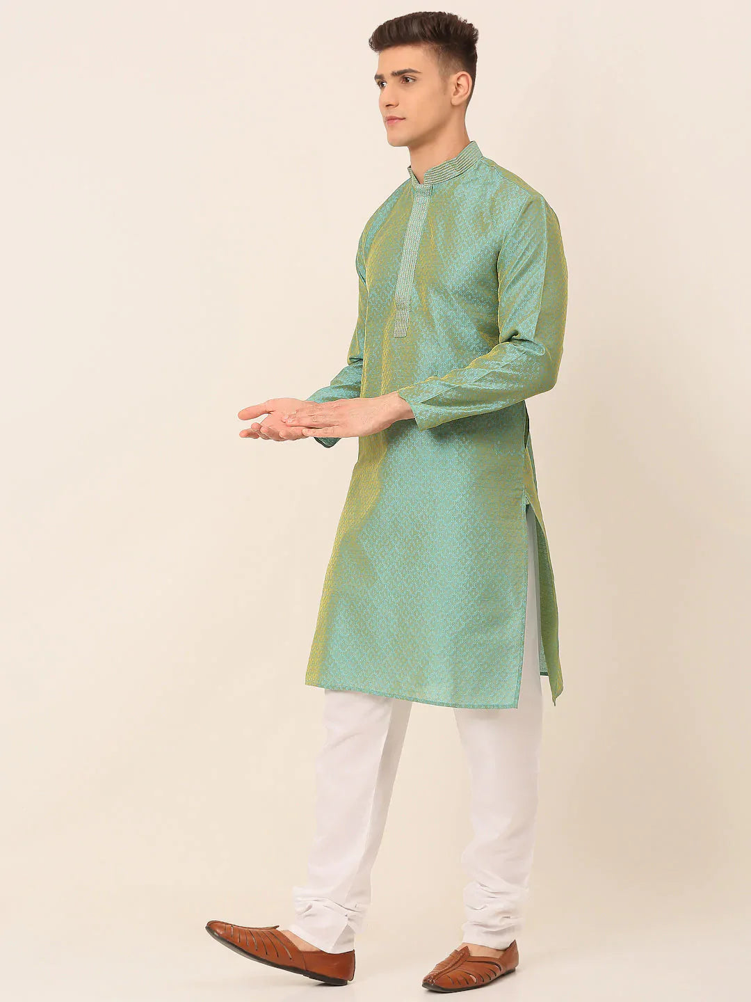 Jompers Men's Silk Blend Collar Embroidered Kurta Pyjama Set - Sea-Green - Distacart