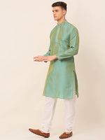 Thumbnail for Jompers Men's Silk Blend Collar Embroidered Kurta Pyjama Set - Sea-Green - Distacart