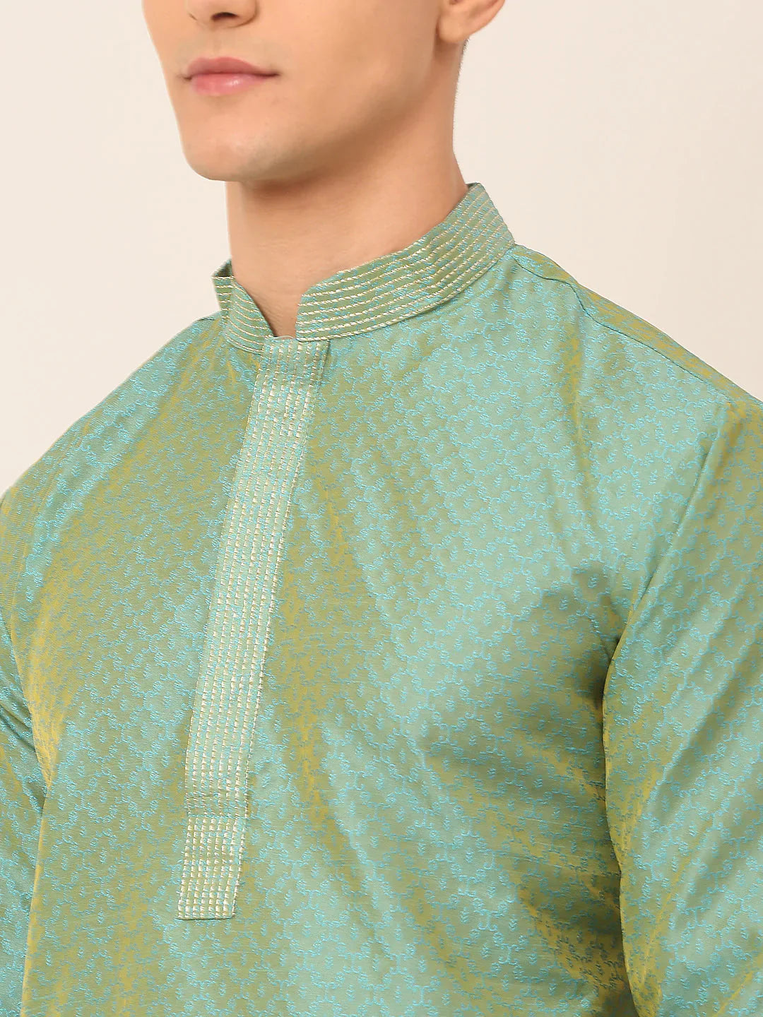 Jompers Men's Silk Blend Collar Embroidered Kurta Pyjama Set - Sea-Green - Distacart