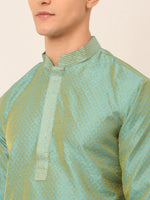 Thumbnail for Jompers Men's Silk Blend Collar Embroidered Kurta Pyjama Set - Sea-Green - Distacart