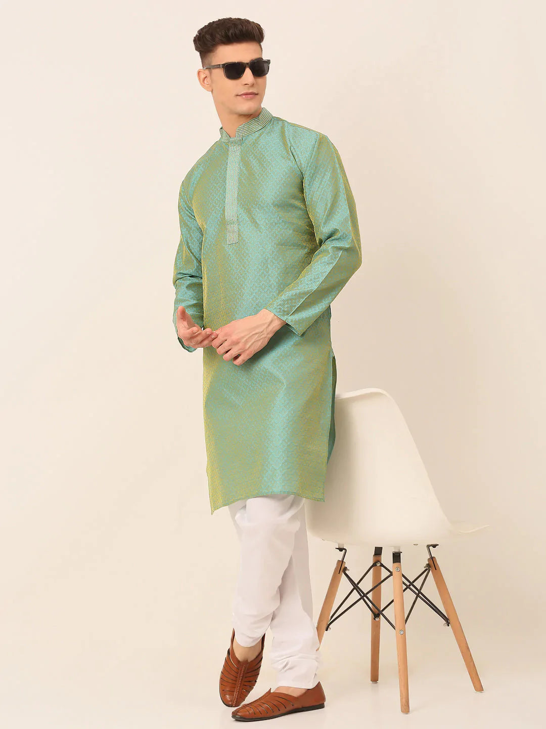 Jompers Men's Silk Blend Collar Embroidered Kurta Pyjama Set - Sea-Green - Distacart