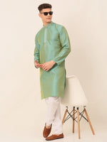 Thumbnail for Jompers Men's Silk Blend Collar Embroidered Kurta Pyjama Set - Sea-Green - Distacart