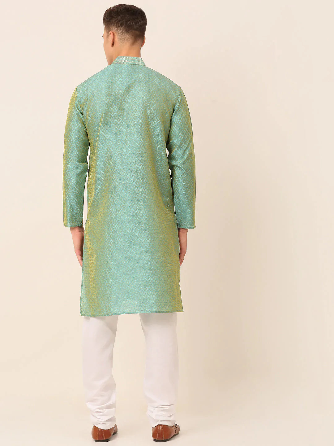 Jompers Men's Silk Blend Collar Embroidered Kurta Pyjama Set - Sea-Green - Distacart