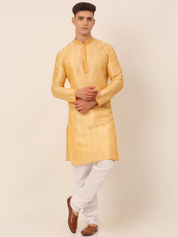 Jompers Men's Silk Blend Collar Embroidered Kurta Pyjama Set - Golden - Distacart