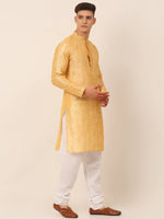Thumbnail for Jompers Men's Silk Blend Collar Embroidered Kurta Pyjama Set - Golden - Distacart