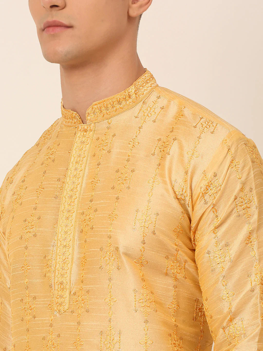 Jompers Men's Silk Blend Collar Embroidered Kurta Pyjama Set - Golden - Distacart