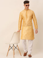 Thumbnail for Jompers Men's Silk Blend Collar Embroidered Kurta Pyjama Set - Golden - Distacart