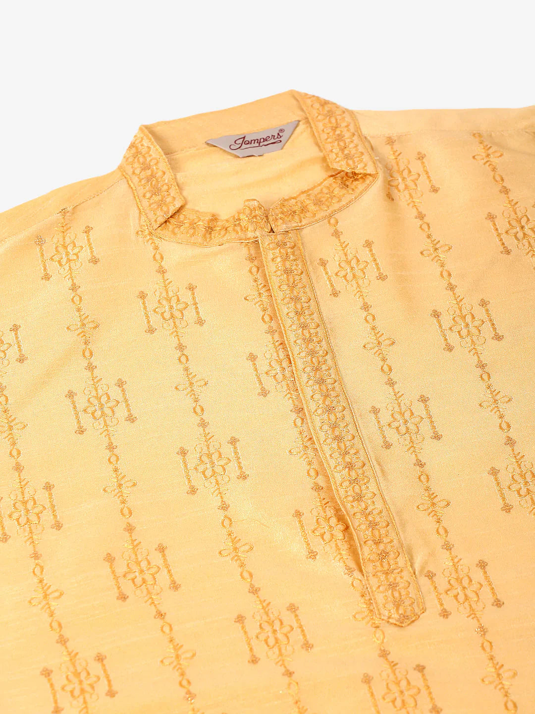 Jompers Men's Silk Blend Collar Embroidered Kurta Pyjama Set - Golden - Distacart