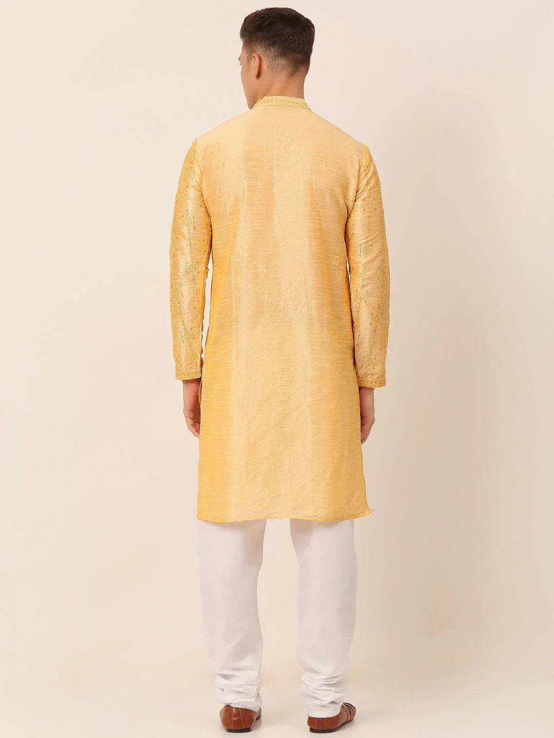 Jompers Men's Silk Blend Collar Embroidered Kurta Pyjama Set - Golden - Distacart