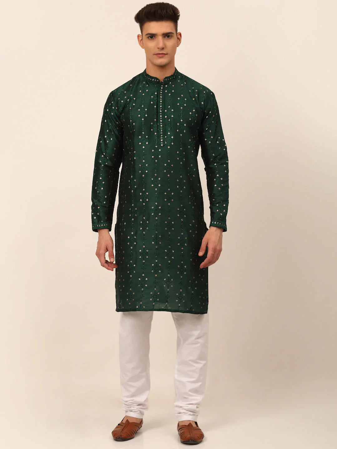 Jompers Men's Silk Blend Collar Embroidered Kurta Pyjama Set - Green - Distacart