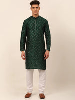 Thumbnail for Jompers Men's Silk Blend Collar Embroidered Kurta Pyjama Set - Green - Distacart