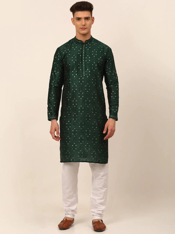 Jompers Men's Silk Blend Collar Embroidered Kurta Pyjama Set - Green - Distacart