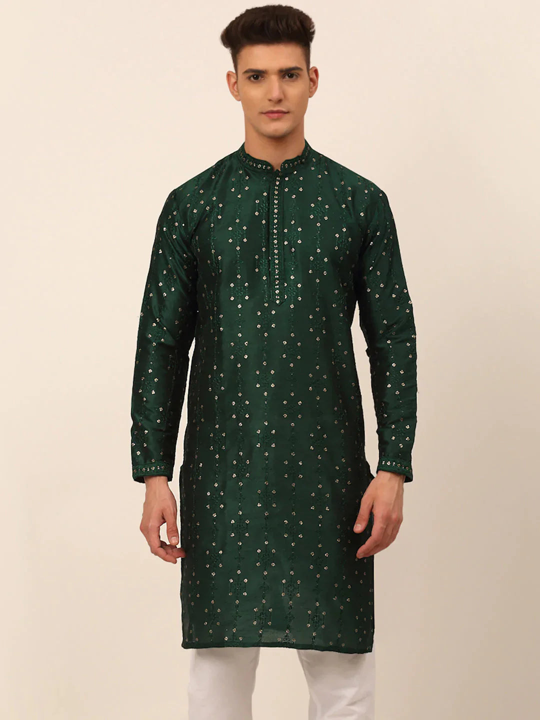 Jompers Men's Silk Blend Collar Embroidered Kurta Only - Green - Distacart