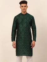 Thumbnail for Jompers Men's Silk Blend Collar Embroidered Kurta Only - Green - Distacart