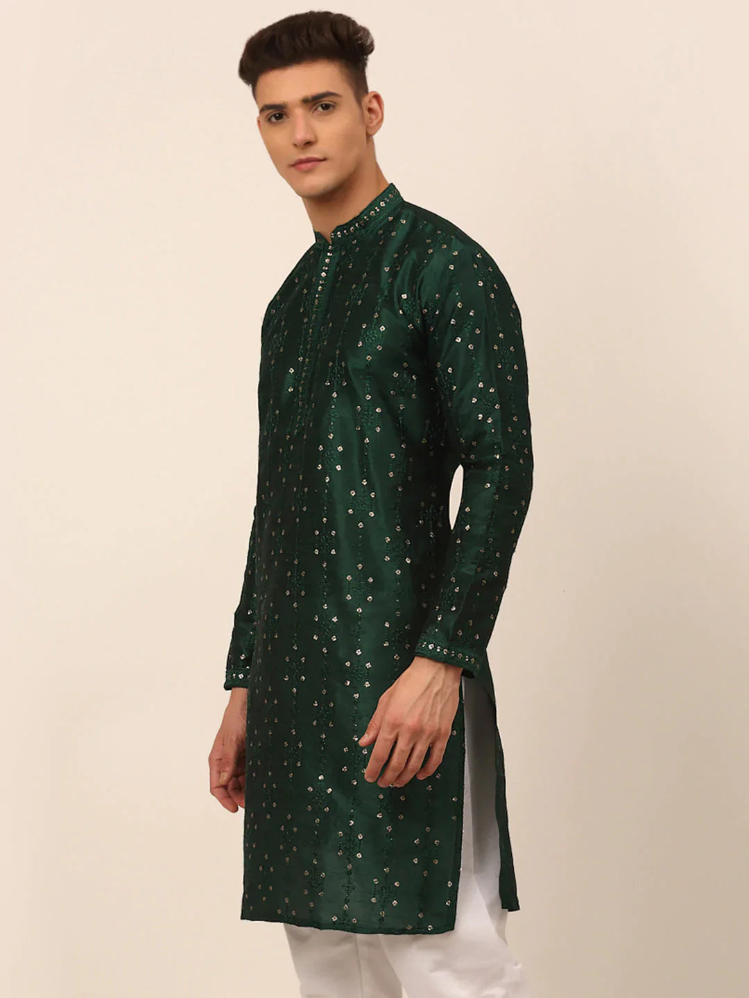 Jompers Men's Silk Blend Collar Embroidered Kurta Only - Green - Distacart