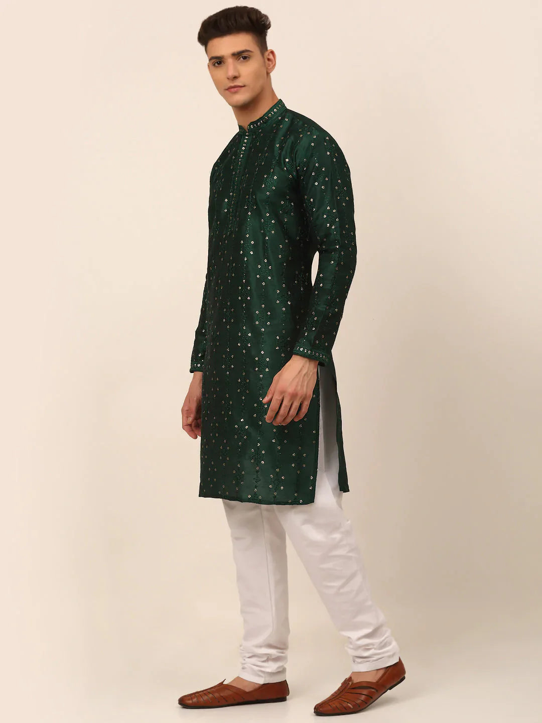 Jompers Men's Silk Blend Collar Embroidered Kurta Pyjama Set - Green - Distacart