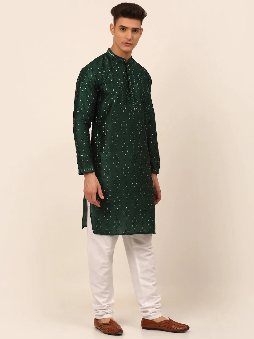 Jompers Men's Silk Blend Collar Embroidered Kurta Pyjama Set - Green - Distacart