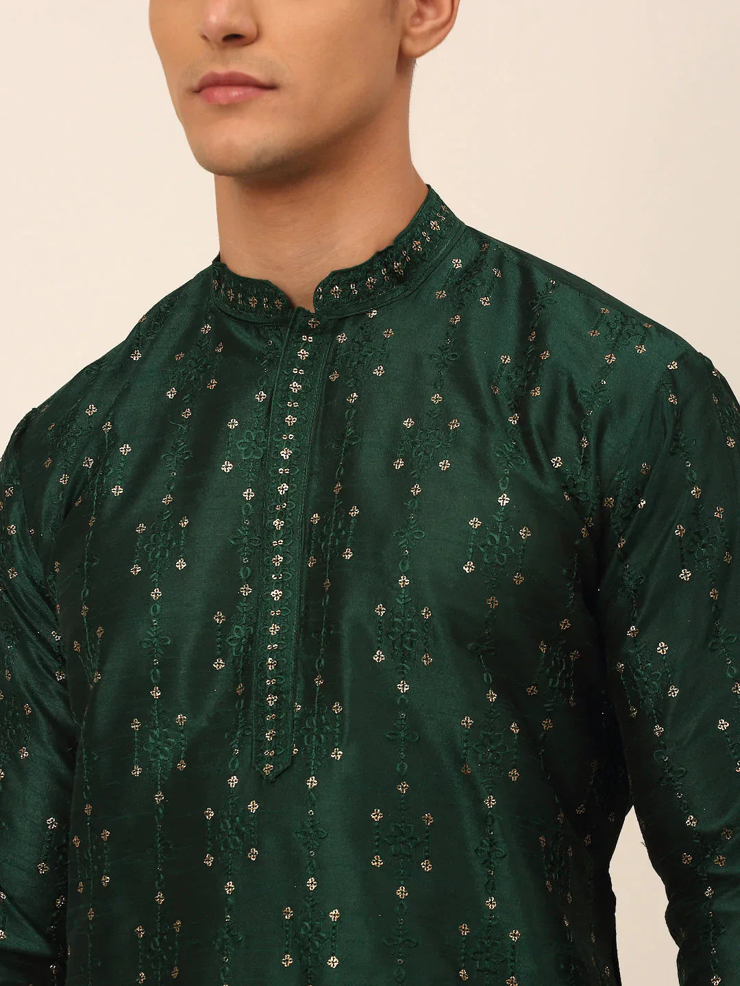 Jompers Men's Silk Blend Collar Embroidered Kurta Pyjama Set - Green - Distacart