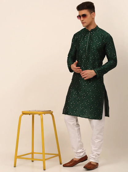 Jompers Men's Silk Blend Collar Embroidered Kurta Only - Green - Distacart