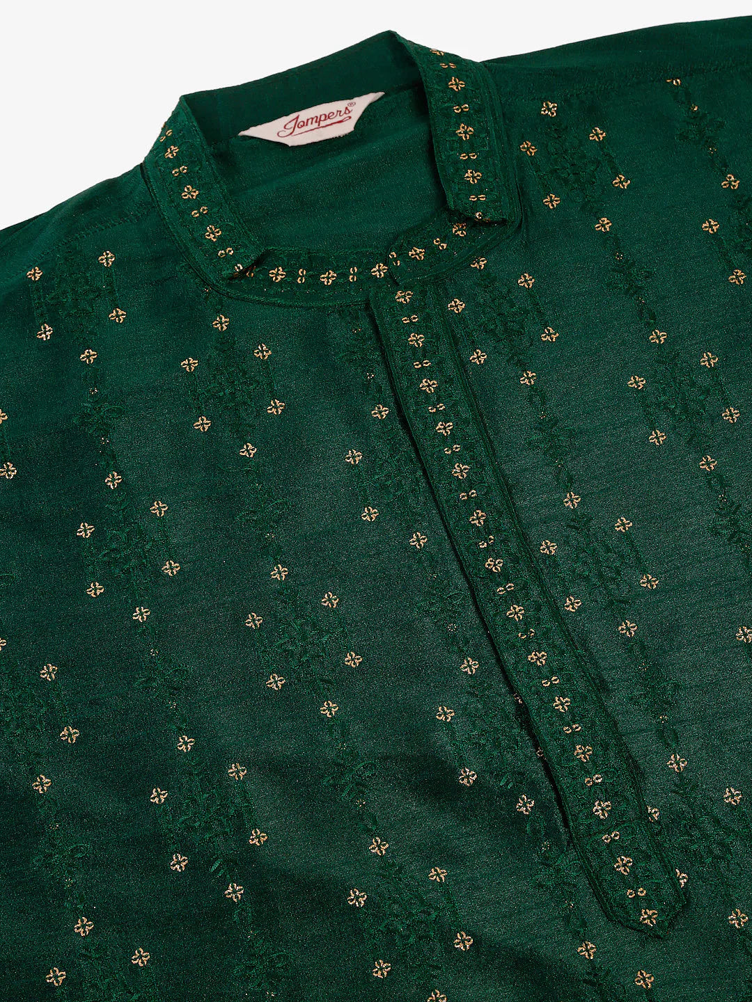 Jompers Men's Silk Blend Collar Embroidered Kurta Pyjama Set - Green - Distacart