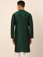 Thumbnail for Jompers Men's Silk Blend Collar Embroidered Kurta Only - Green - Distacart