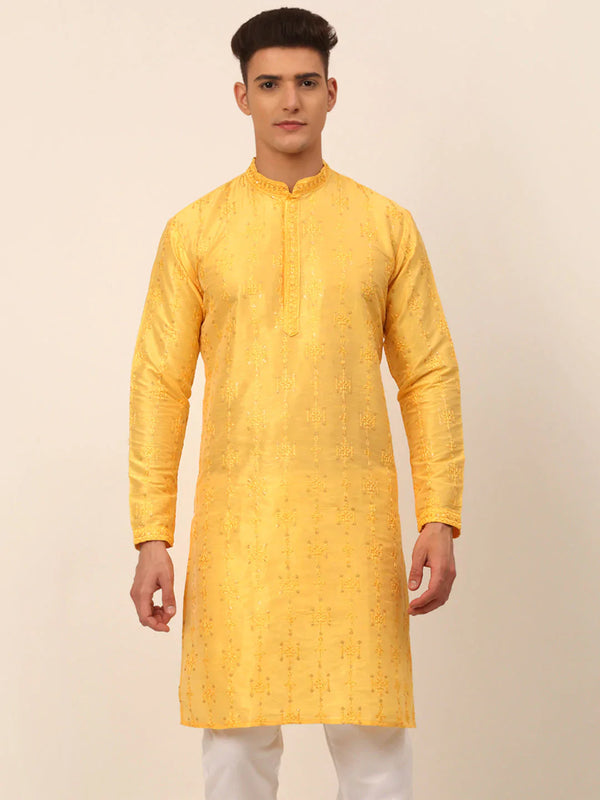 Jompers Men's Silk Blend Collar Embroidered Kurta Only - Yellow - Distacart