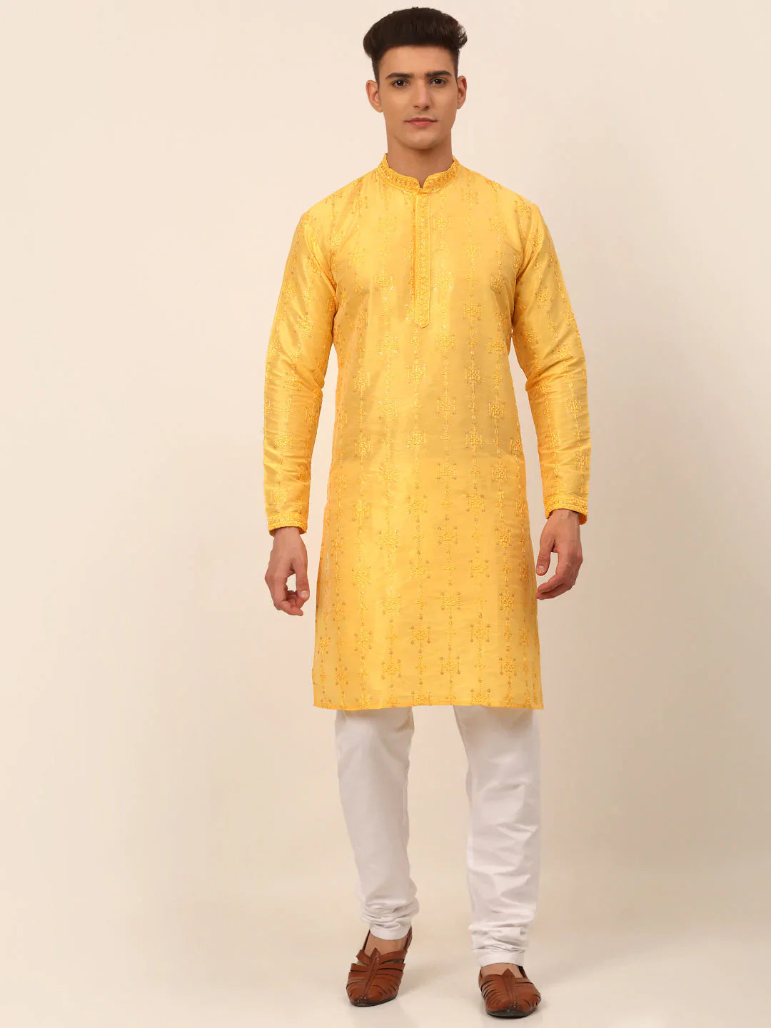 Jompers Men's Silk Blend Collar Embroidered Kurta Pyjama Set - Yellow - Distacart