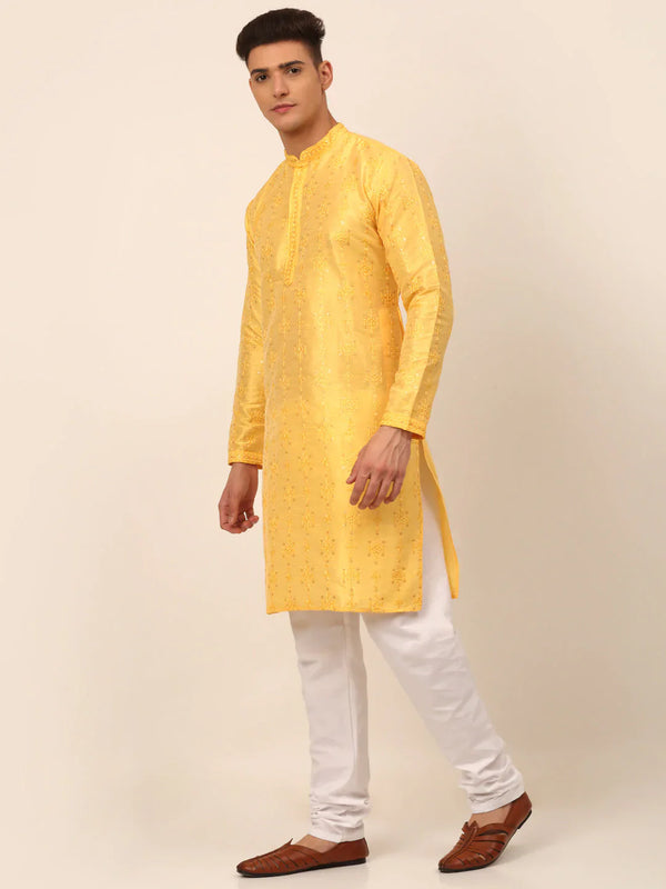 Jompers Men's Silk Blend Collar Embroidered Kurta Pyjama Set - Yellow - Distacart