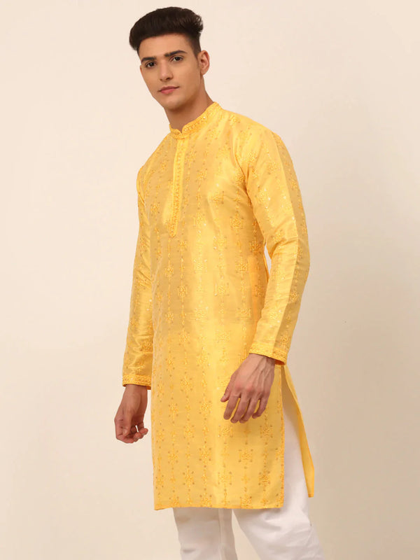 Jompers Men's Silk Blend Collar Embroidered Kurta Only - Yellow - Distacart