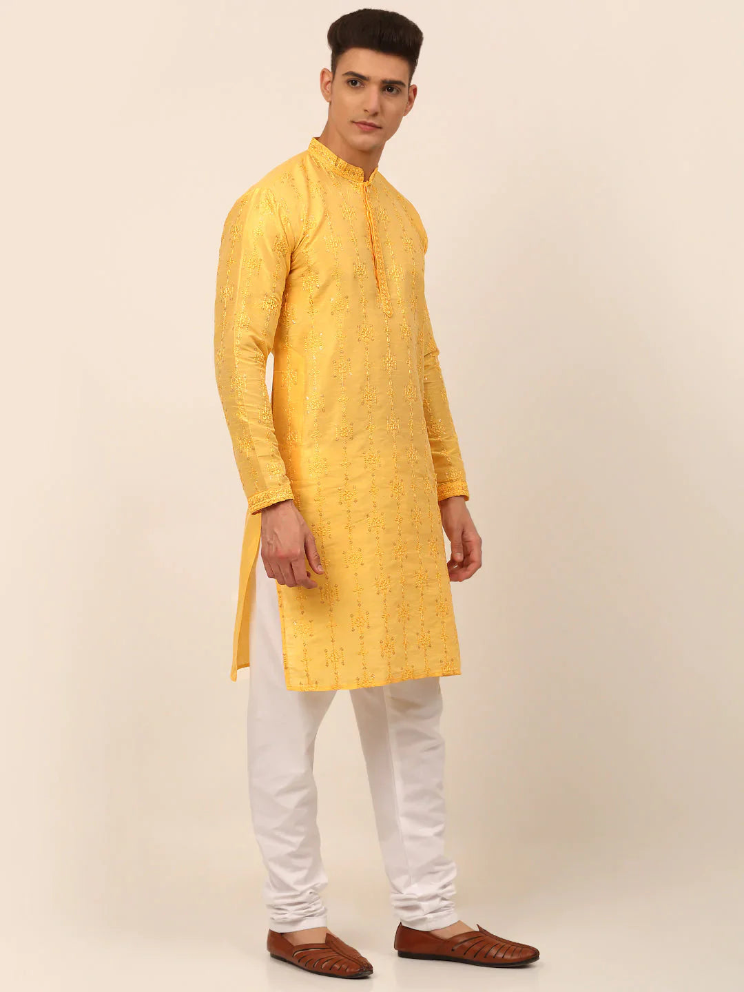 Jompers Men's Silk Blend Collar Embroidered Kurta Pyjama Set - Yellow - Distacart