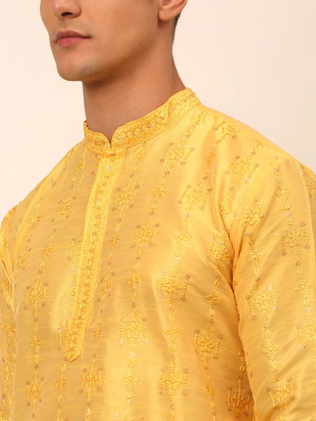 Jompers Men's Silk Blend Collar Embroidered Kurta Pyjama Set - Yellow - Distacart
