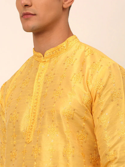 Jompers Men's Silk Blend Collar Embroidered Kurta Pyjama Set - Yellow - Distacart