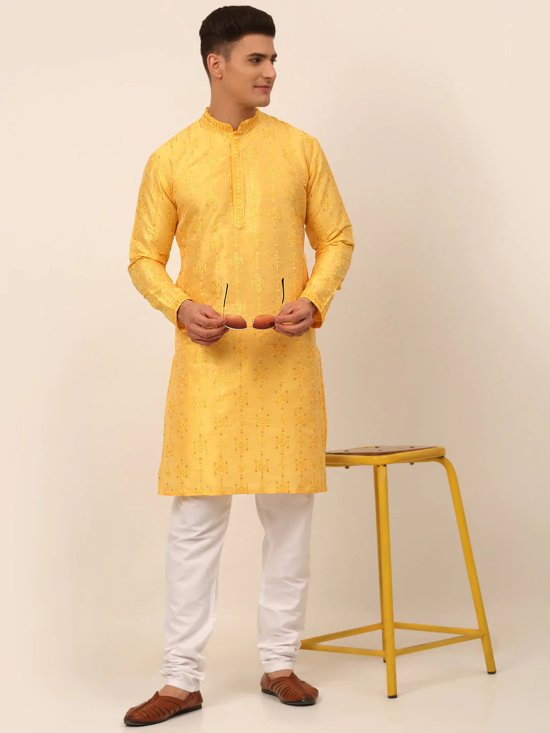 Jompers Men's Silk Blend Collar Embroidered Kurta Pyjama Set - Yellow - Distacart