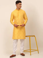 Thumbnail for Jompers Men's Silk Blend Collar Embroidered Kurta Pyjama Set - Yellow - Distacart