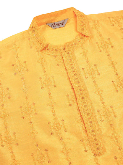 Jompers Men's Silk Blend Collar Embroidered Kurta Only - Yellow - Distacart