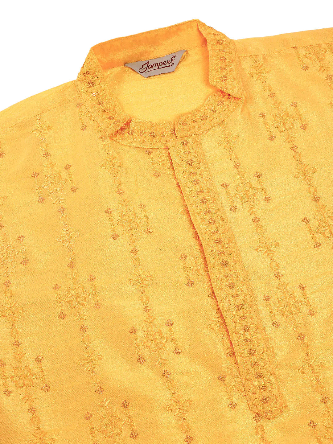 Jompers Men's Silk Blend Collar Embroidered Kurta Pyjama Set - Yellow - Distacart