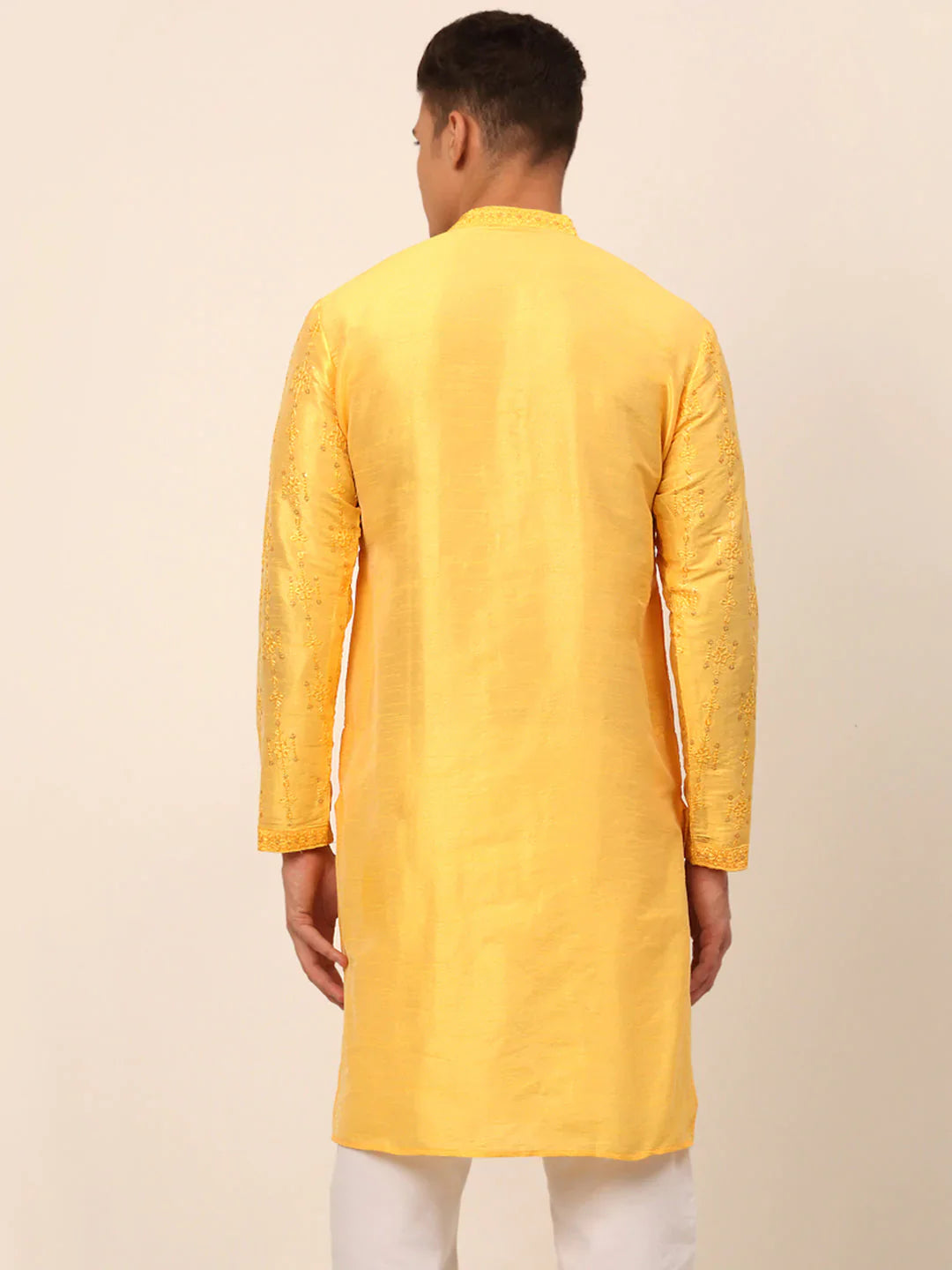 Jompers Men's Silk Blend Collar Embroidered Kurta Only - Yellow - Distacart