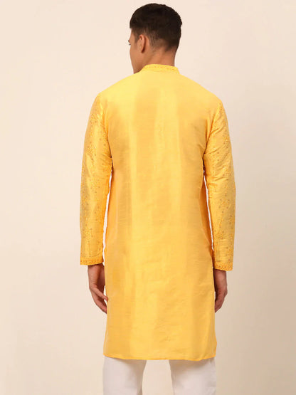 Jompers Men's Silk Blend Collar Embroidered Kurta Only - Yellow - Distacart