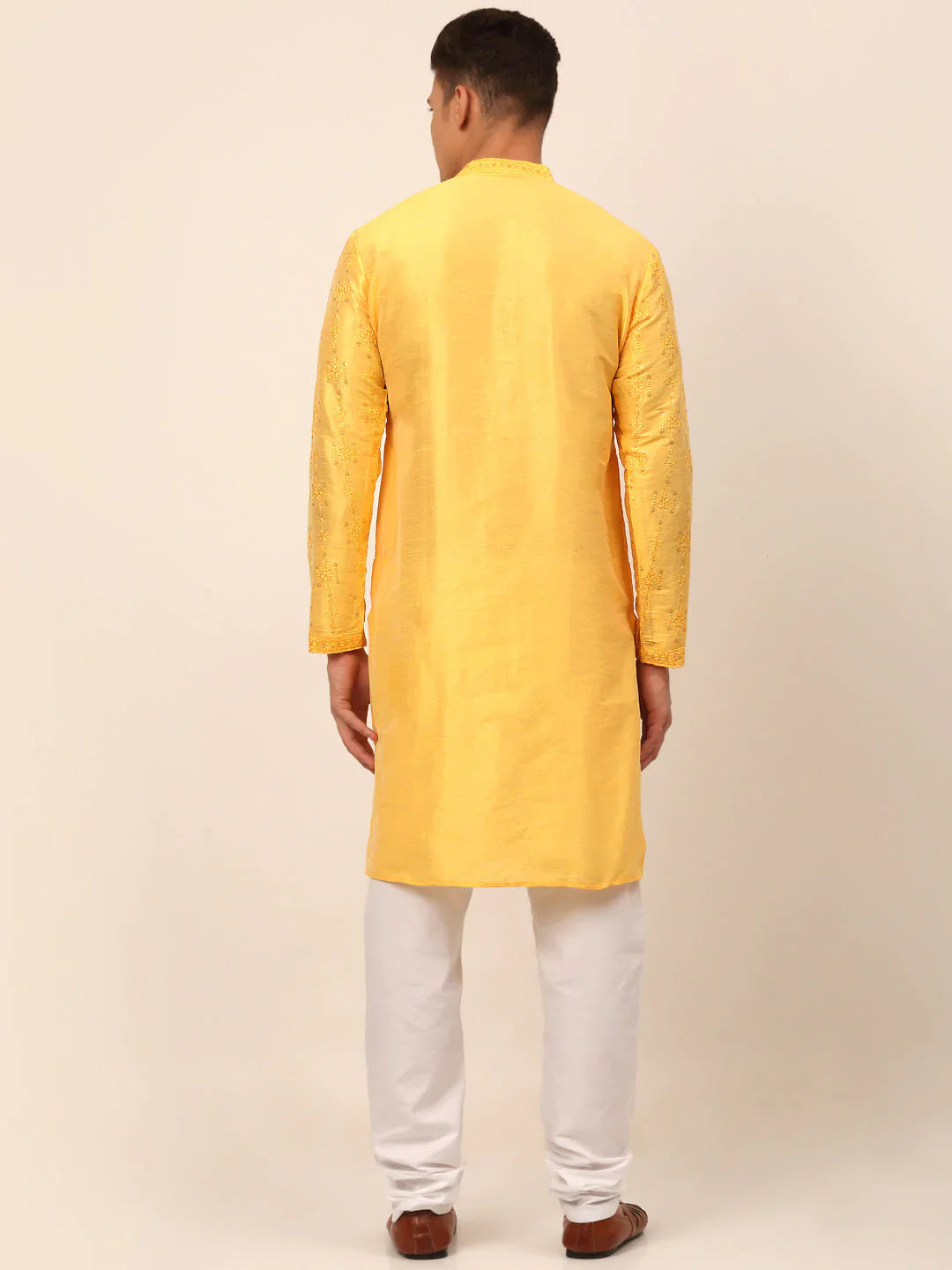 Jompers Men's Silk Blend Collar Embroidered Kurta Pyjama Set - Yellow - Distacart