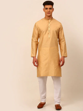 Jompers Men's Beige Striped Pleated Chikankari Kurta pyjama Set - Distacart