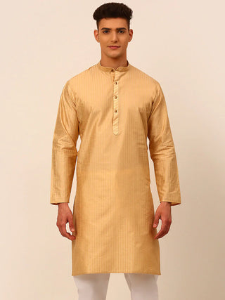 Jompers Men's Beige Striped Pleated Chikankari Kurta Only - Distacart