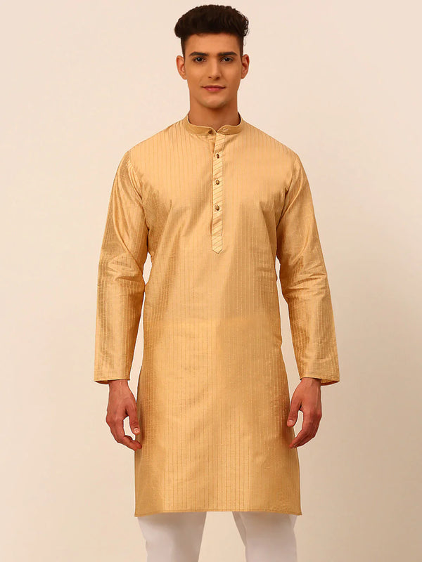 Jompers Men's Beige Striped Pleated Chikankari Kurta Only - Distacart