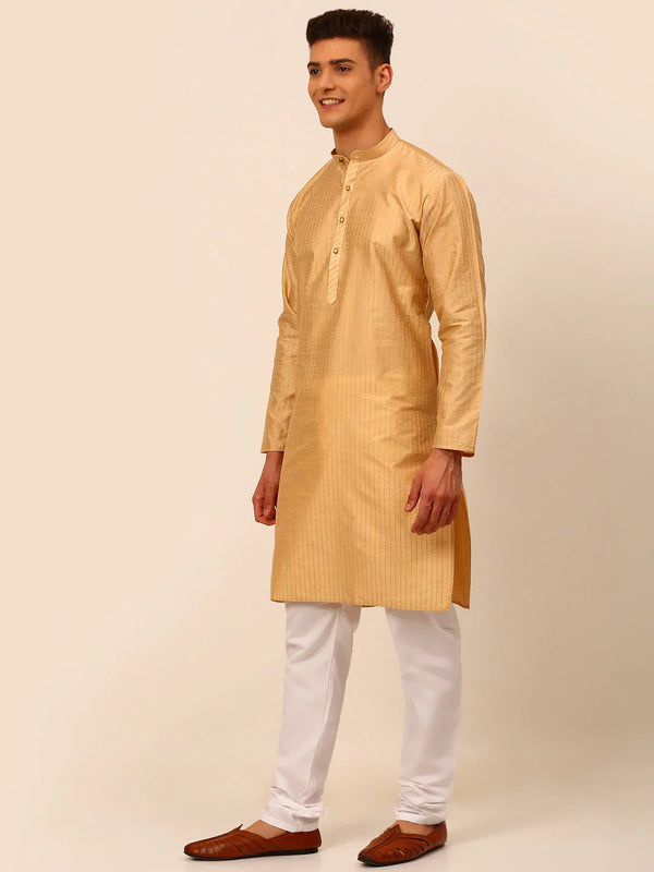 Jompers Men's Beige Striped Pleated Chikankari Kurta pyjama Set - Distacart